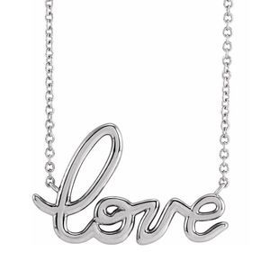 14K White Gold Petite Love Script Necklace, 18 Inch